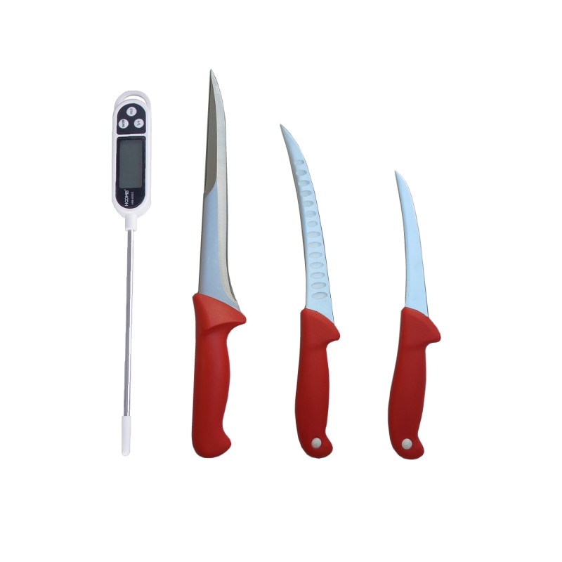 Pachet macelarie format din 3 cutite profesionale pentru injunghiat, filetat, dezosat si termometru alimentar digital