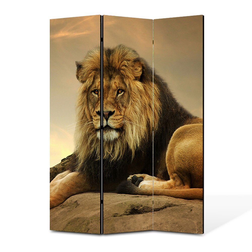 Paravan 3 piese Premium Heartwork TrueColor, Leu imens pe stanca, Panza pe cadru de lemn, Decoratiuni Moderne pentru Casa, 3 Panouri de 35x150, 105 x 150 cm