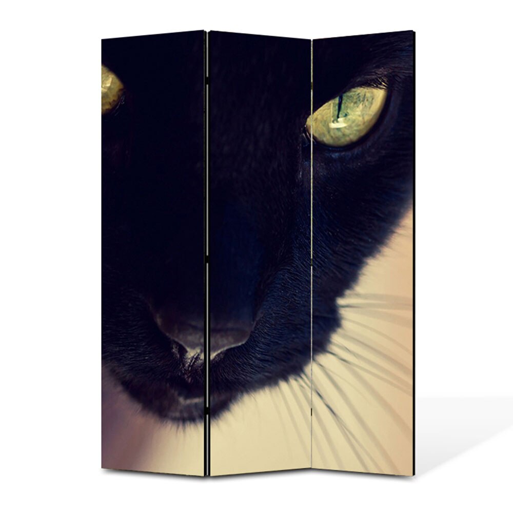 Paravan 3 piese Premium Heartwork TrueColor, Pisica neagra, Panza pe cadru de lemn, Decoratiuni Moderne pentru Casa, 3 Panouri de 35x150, 105 x 150 cm