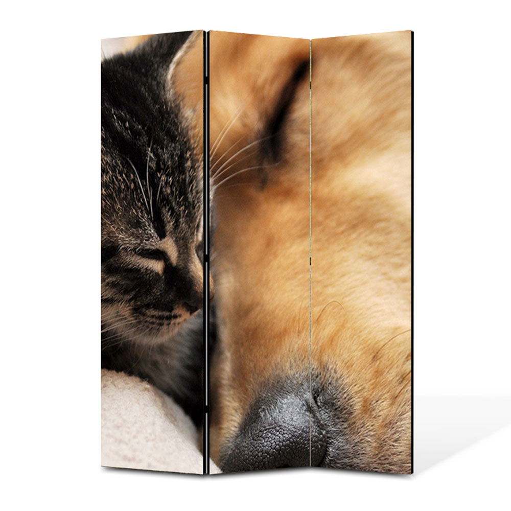 Paravan 3 piese Premium Heartwork TrueColor, Prietenie intre pisica si caine, Panza pe cadru de lemn, Decoratiuni Moderne pentru Casa, 3 Panouri de 45x150, 135 x 150 cm