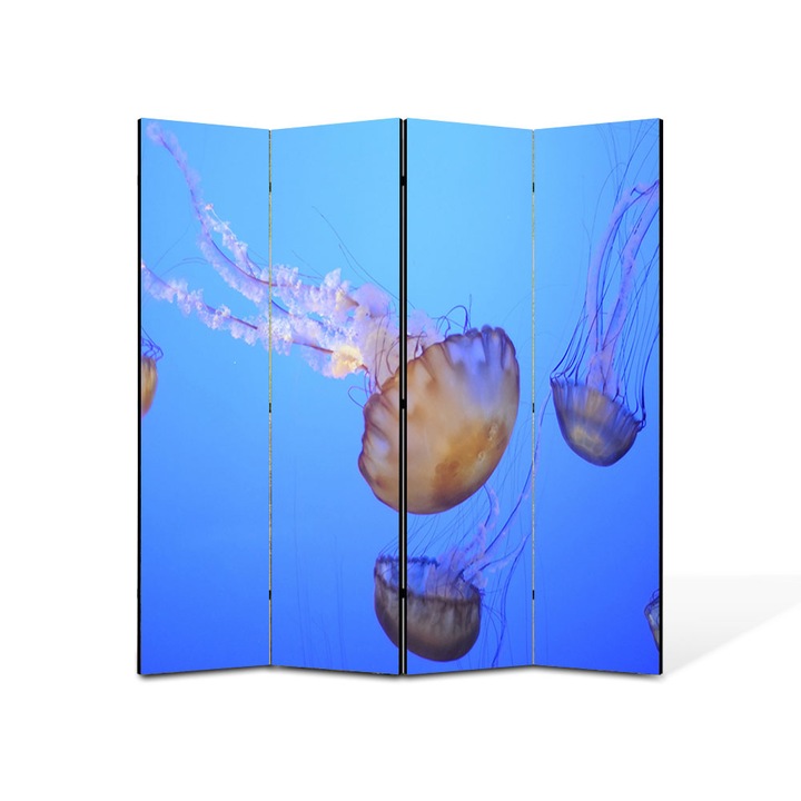 Paravan 4 piese Premium Heartwork TrueColor, Meduze in ocean, Panza pe cadru de lemn, Decoratiuni Moderne pentru Casa, 4 Panouri de 35x150, 140 x 150 cm
