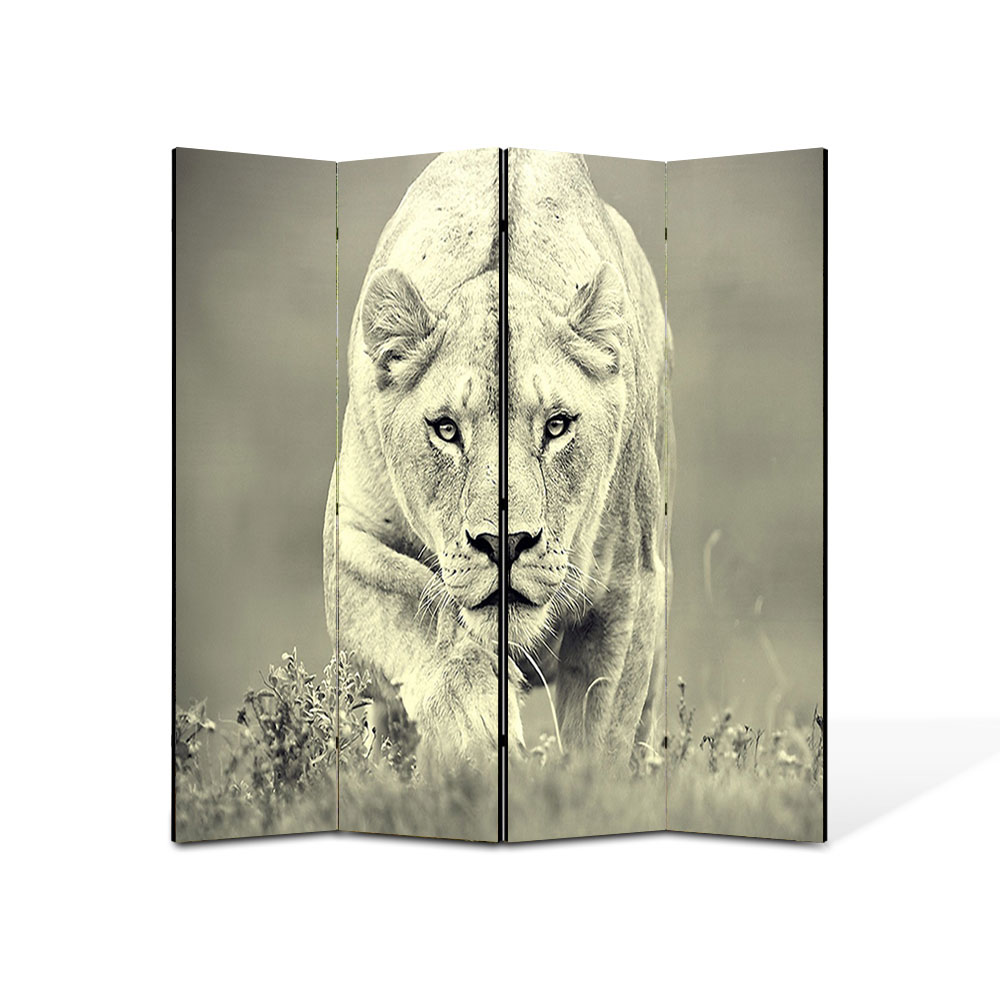 Paravan 4 piese Premium Heartwork TrueColor, Leoaica la vanatoare, Panza pe cadru de lemn, Decoratiuni Moderne pentru Casa, 4 Panouri de 35x180, 140 x 180 cm