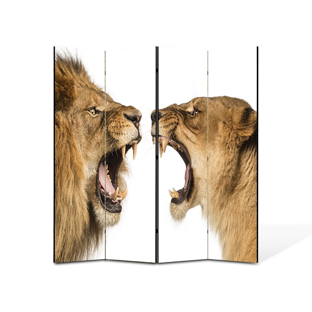 Paravan 4 piese Premium Heartwork TrueColor, Leul si leoaica, Panza pe cadru de lemn, Decoratiuni Moderne pentru Casa, 4 Panouri de 35x180, 140 x 180 cm