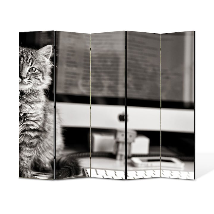 Paravan 5 piese Premium Heartwork TrueColor, Pisica la calculator, Panza pe cadru de lemn, Decoratiuni Moderne pentru Casa, 5 Panouri de 45x150, 225 x 150 cm