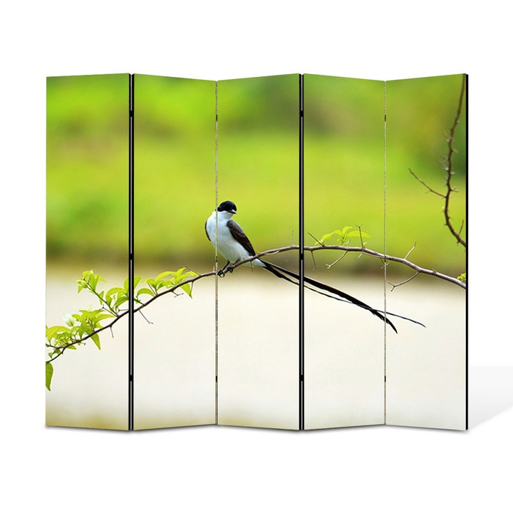 Paravan 5 piese Premium Heartwork TrueColor, Pasare cu coada lunga, Panza pe cadru de lemn, Decoratiuni Moderne pentru Casa, 5 Panouri de 45x180, 225 x 180 cm