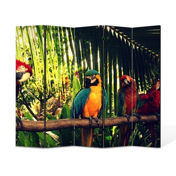Paravan 5 piese Premium Heartwork TrueColor, Papagali Roiali, Panza pe cadru de lemn, Decoratiuni Moderne pentru Casa, 5 Panouri de 45x150, 225 x 150 cm Paravan 5 piese Premium Heartwork TrueColor, Papagali Roiali, Panza pe cadru de lemn, Decoratiuni Moderne pentru Casa, 5 Panouri de 45x150, 225 x 150 cm