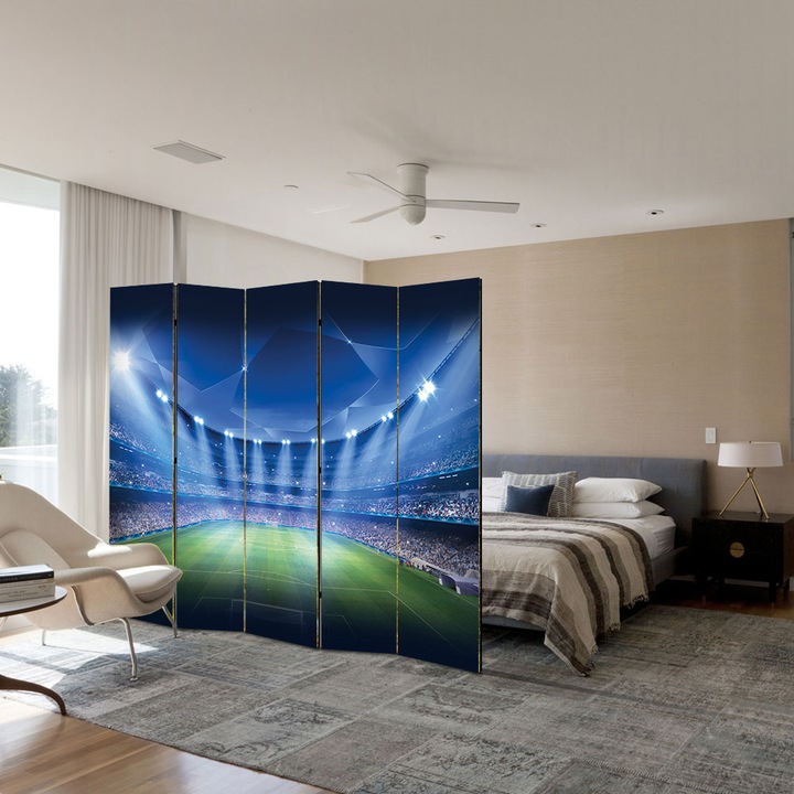 Paravan 5 piese Premium Heartwork TrueColor, Stadion de Fotbal UEFA Champions League, Panza pe cadru de lemn, Decoratiuni Moderne pentru Casa, 5 Panouri de 45x180, 225 x 180 cm