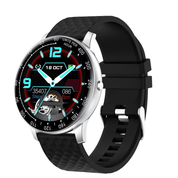 Ceas inteligent Smart Pulse GTR30, Smart Pulse, Multi sport, Noua generatie, Curea Negru, Carcasa gri