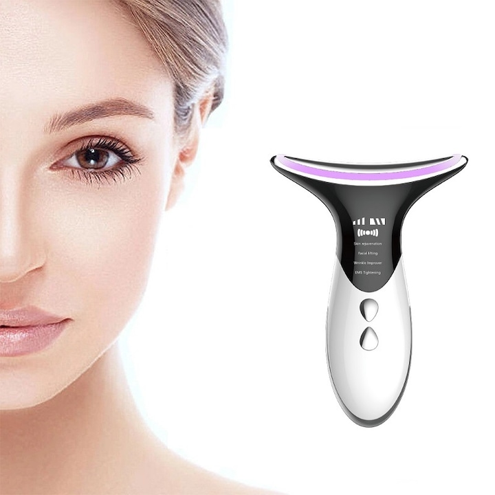 Портативен уред Smart Pulse S-beauty за лифтинг на лице и деколте, LED светлина, EMS, Топлиннa терапия на бръчки и стягане на кожата, бял