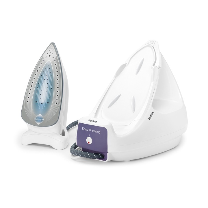 Statie de calcat cu boiler Tefal Easy Pressing GV5262E1, 2200 W, 5.2 bar, 85g/min, rezervor 1L, tehnologie Durilium, alb/albastru