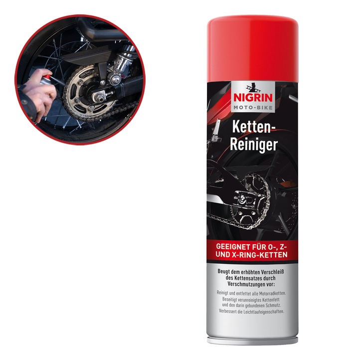 Spray pentru curatare lant motocicleta, Nigrin Moto-Bike, creste protectia la uzura, umbunatateste proprietatile de rulare, 500 ml