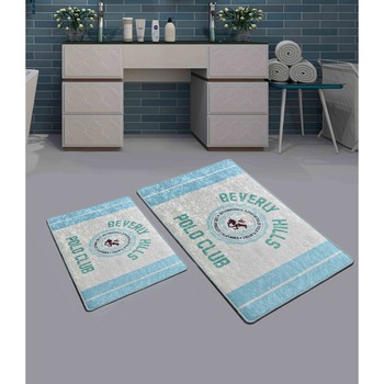 Set 2 covorase de baie Beverly Hills Polo Club, 100% tesatura catifea, antibacterian, antialunecare, 50x60/60x100cm, Blue Line DJT Set 2 covorase de baie Beverly Hills Polo Club, 100% tesatura catifea, antibacterian, antialunecare, 50x60/60x100cm, Blue Line DJT