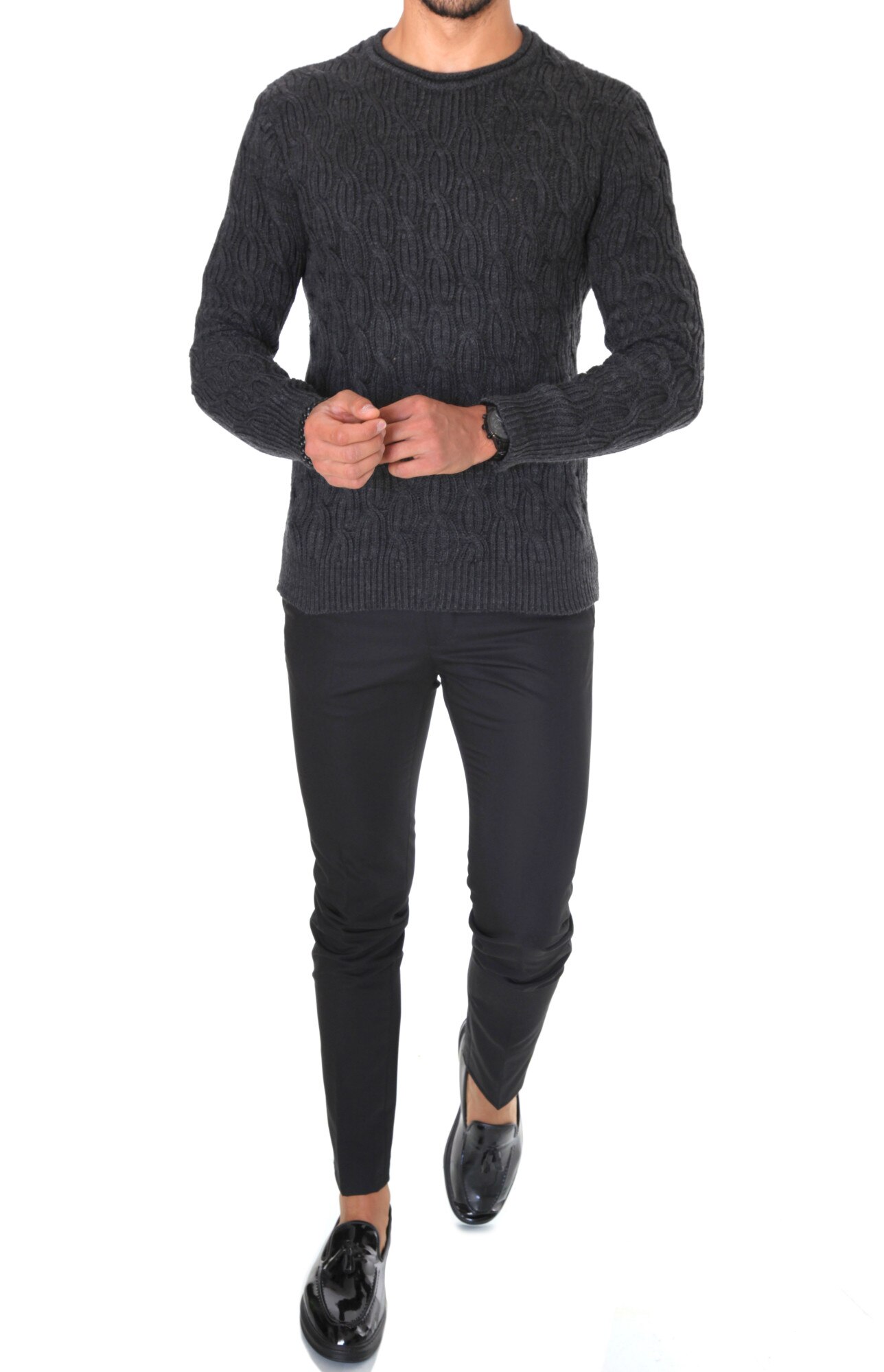 Pulover barbati, T3548, slim fit, gri, gros, fashion, Gri