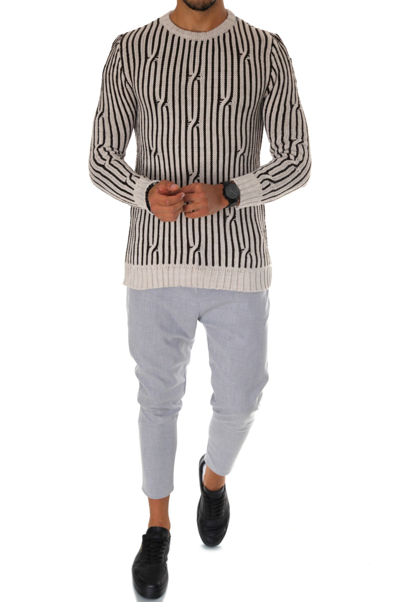 Pulover barbati, T3575, fashion, slim fit, bej, Bej, L-XL