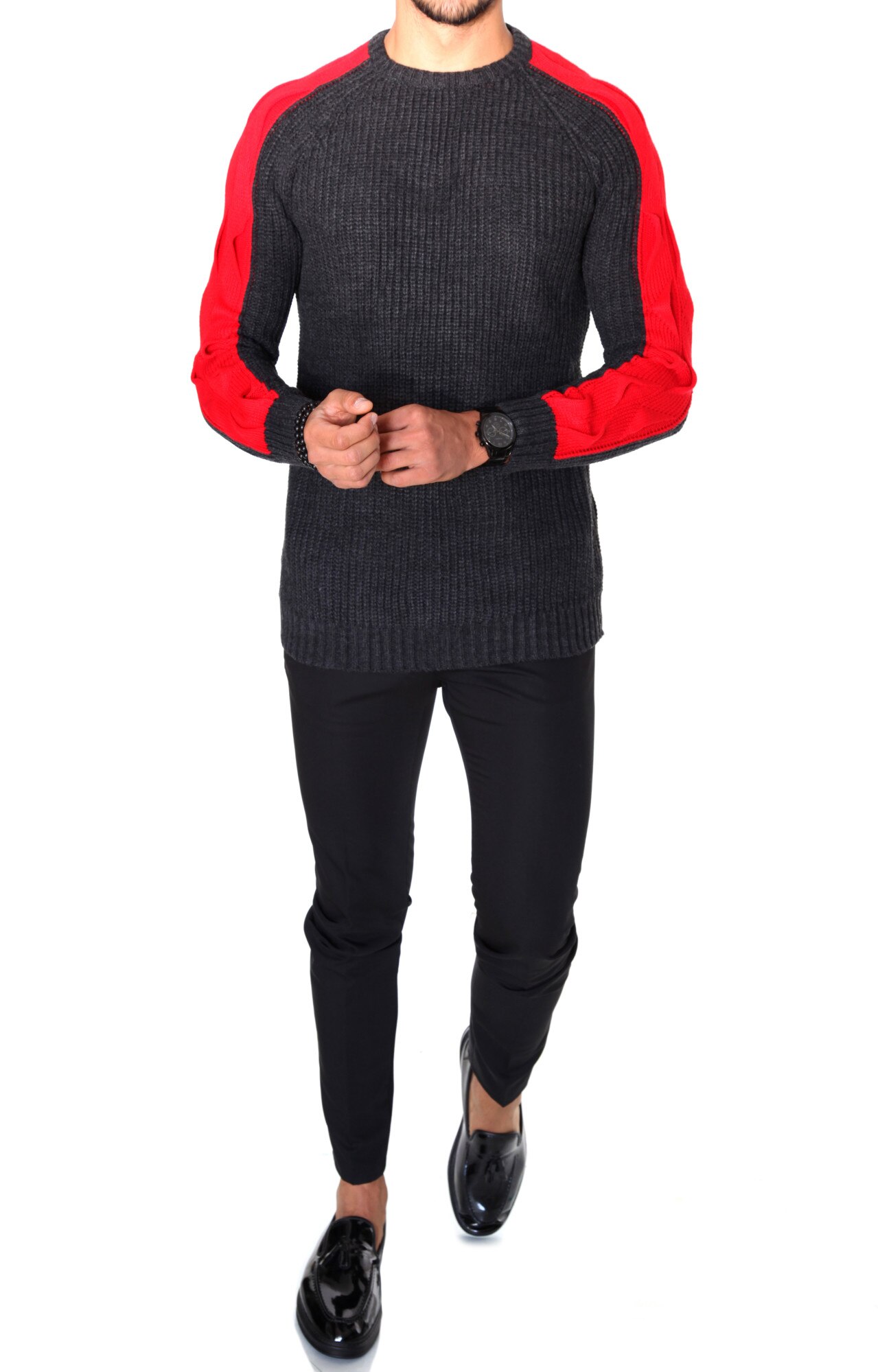 Pulover barbati, T3586, slim fit, gri inchis, gros, fashion, Gri