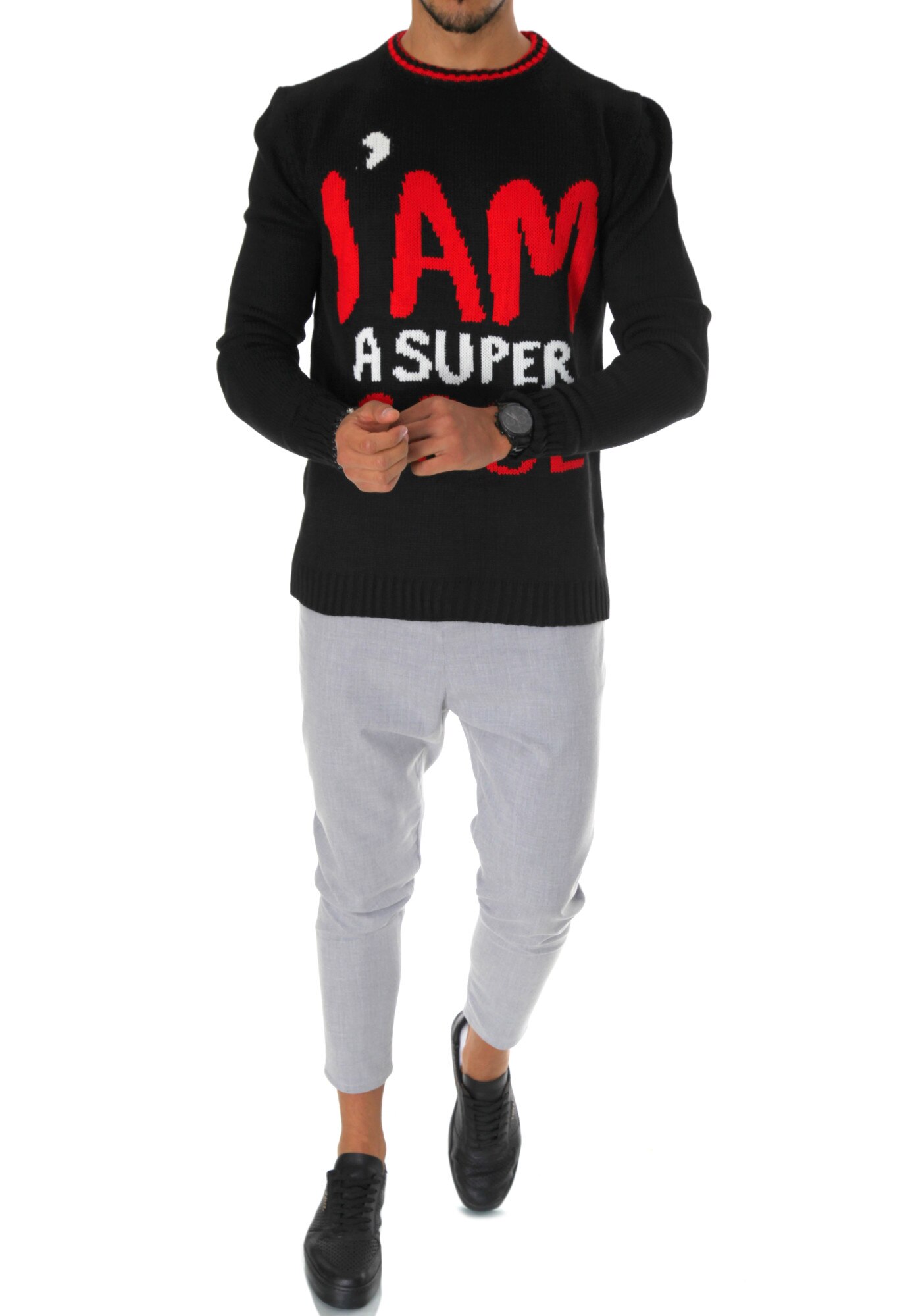 Pulover barbati, T3590, slim fit, negru, gros, fashion, Negru