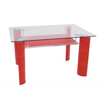 Masa living/bucatarie din sticla, MB-06, picioare imbracate in piele ecologica de culoare rosie Masa living/bucatarie din sticla, MB-06, picioare imbracate in piele ecologica de culoare rosie