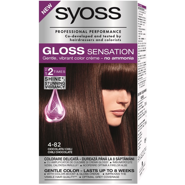 Vopsea de par Syoss permanenta fara amoniac Gloss Sensation 4-82 Ciocolatiu Chilli, 115 ml