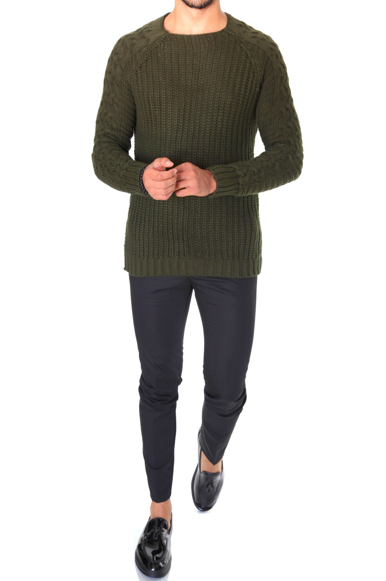 Pulover barbati, T3597, slim fit, kaki, gros, fashion, Kaki