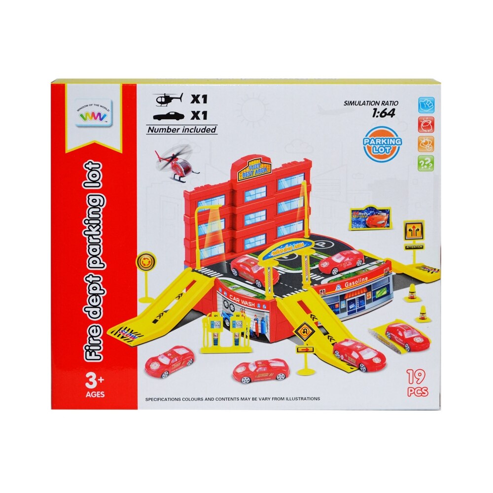 Set parcare cu masinuta si elicopter, 19 piese, Rosu\Galben, 3 ani +