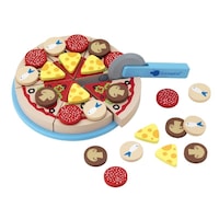 Pizza cu portii de jucarie Imaginarium Deliset Pizza din lemn cu prindere Velcro, 32 piese cu 6 portii, blat, 24 de ingrediente si taietor