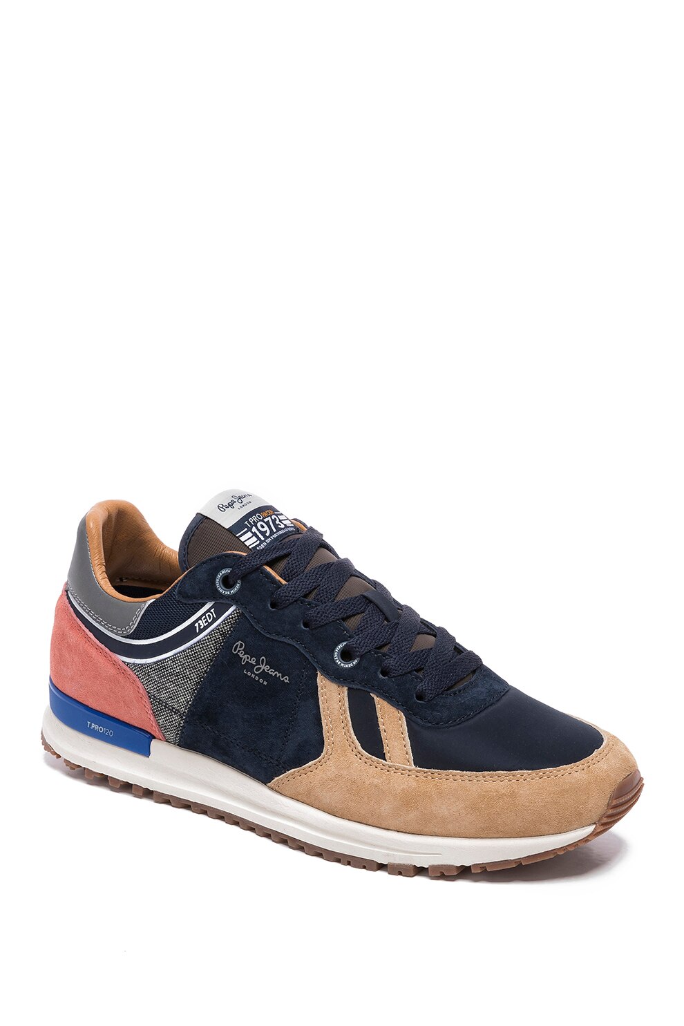 Pepe Jeans London, Pantofi sport cu model colorblock si insertii din piele intoarsa Tinker, Bleumarin/maro camel/corai, 44