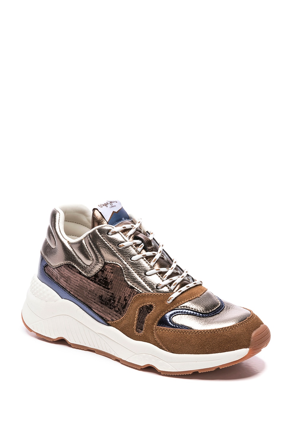 Pepe Jeans London, Pantofi sport cu garnituri din piele intoarsa Harlow Space, Auriu/maro caramel, 36