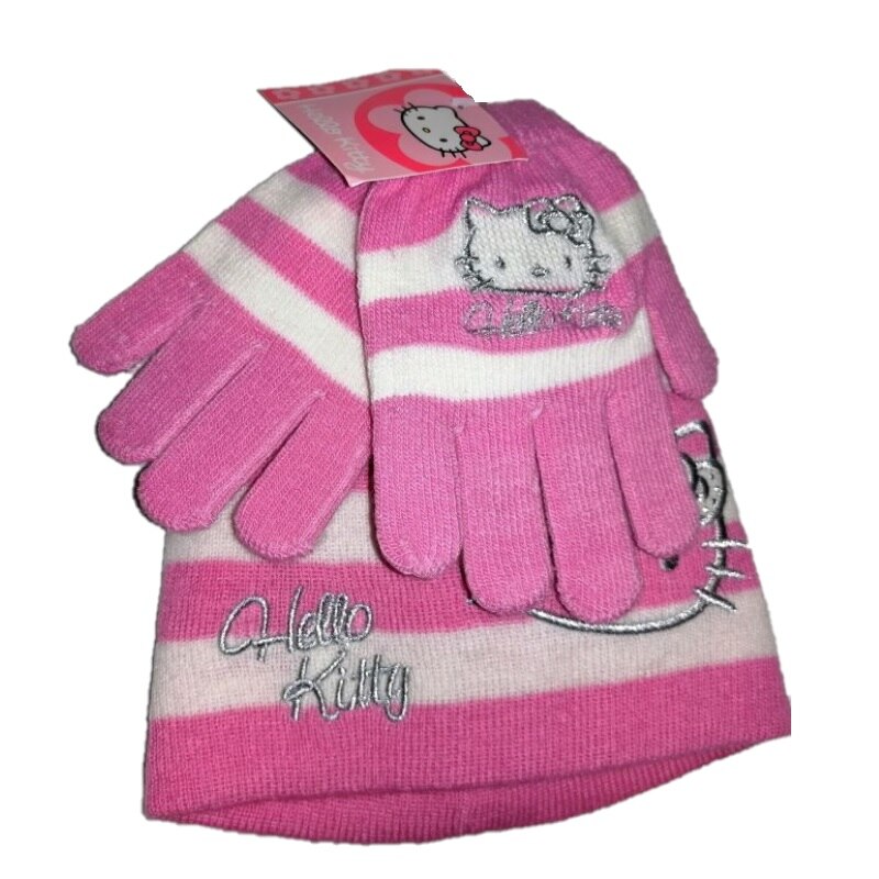 Set copii cu caciula si manusi, Hello kitty, alb/roz, 5 ani