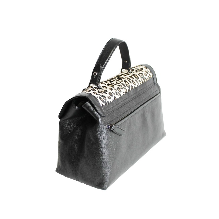 Geanta Dama din piele naturala, Dellaconte, Leopard Neagra cu alb