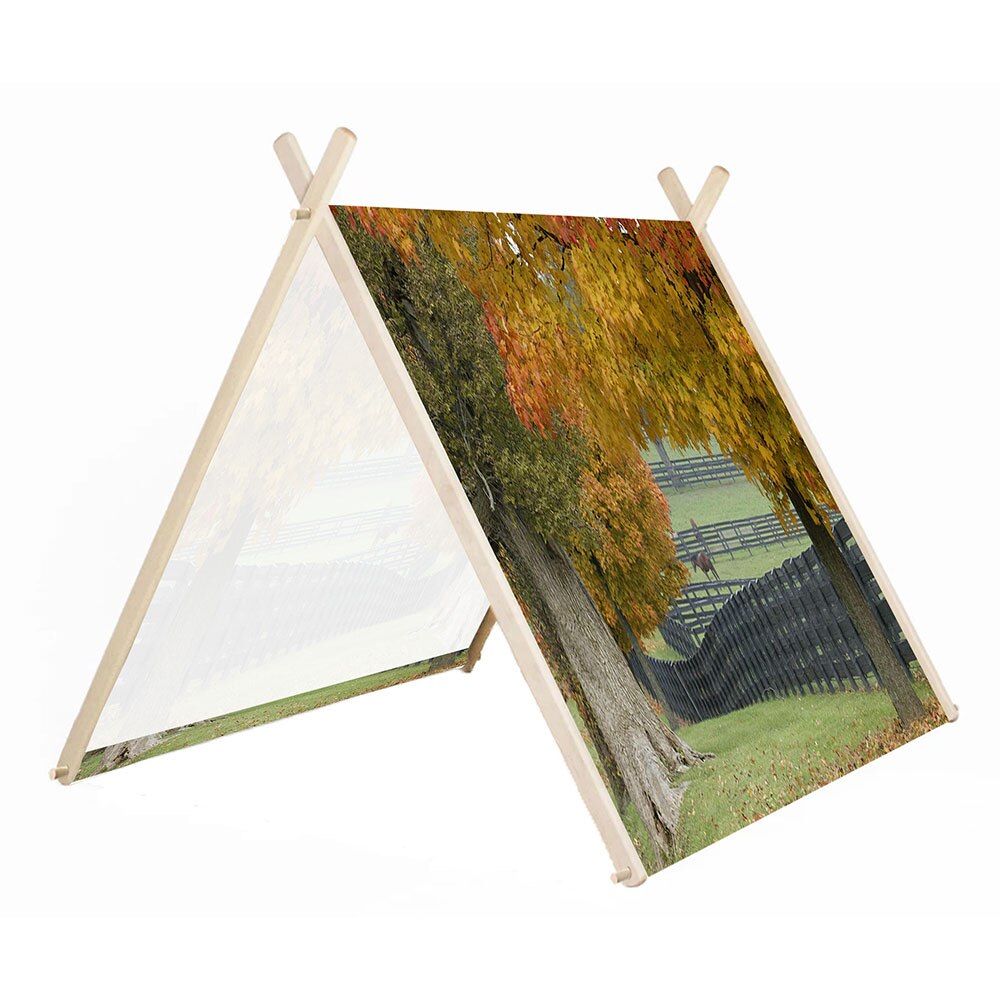 Cort Art Deco pentru copii cu cadru din lemn natural si panza, Cal in tarc dimineata de toamna, Decoratiuni, Latime 120 cm x Inaltime 115 cm x Adancime 150 cm