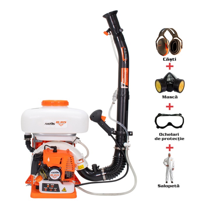 Atomizor Ruris A109S, 3 CP, 41.5 CC,pompa booster, 14 l capacitate rezervor solutie, kit echipament de lucru (masca+ochelari+salopeta+casti)