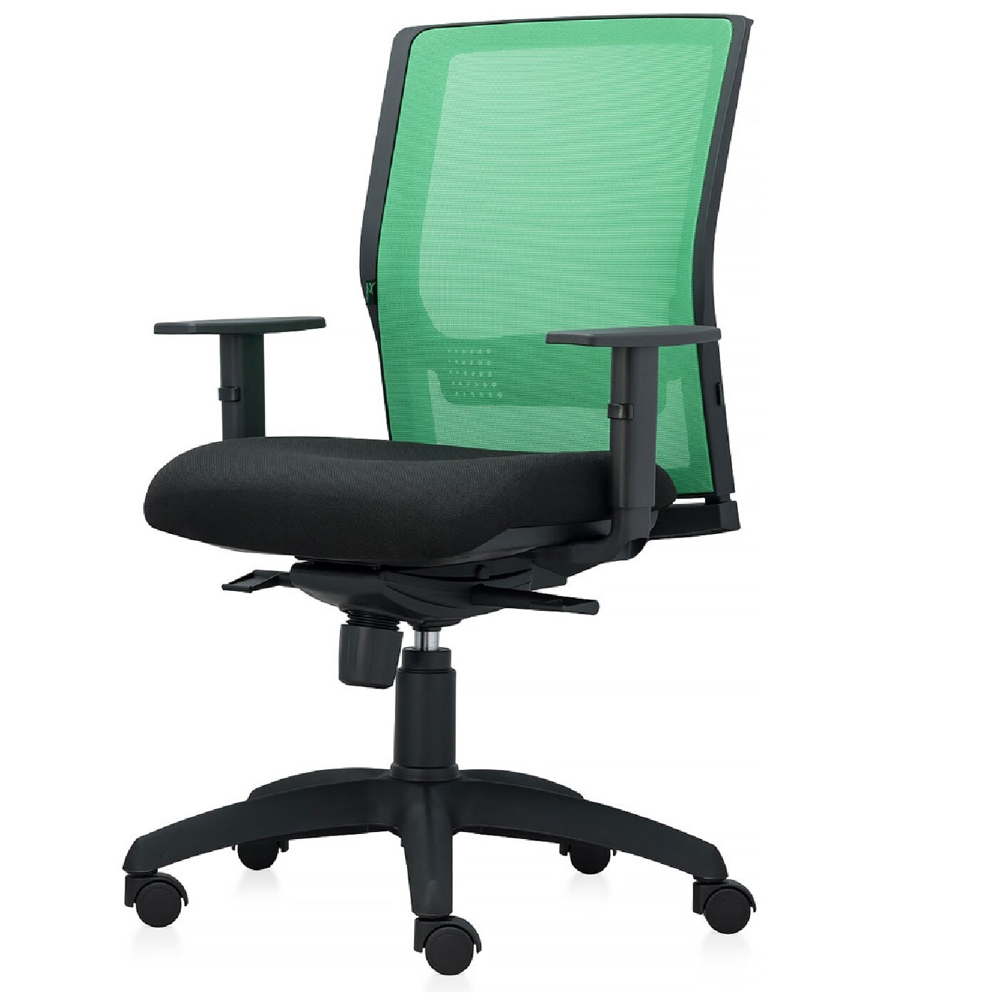Scaun ergonomic de birou TRAFFIC CHAIRS AXXE, mesh VERDE, sezut textil NEGRU, spatar mesh reglabil pe inaltime, mecanism multiblock, brate reglabile, suport lombar reglabil