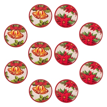 Set 10 naproane cu imprimeu flori si clopotei de Craciun, Maison du Paradis, 10 cm Set 10 naproane cu imprimeu flori si clopotei de Craciun, Maison du Paradis, 10 cm