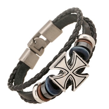 Set 3 bratari cu multiple straturi si cruce rock, JustZEN™, pentru barbati, din piele naturala, negra, look punk/rock Set 3 bratari cu multiple straturi si cruce rock, JustZEN™, pentru barbati, din piele naturala, negra, look punk/rock