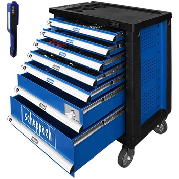 Set dulap scule Scheppach TW 1000, 263 piese, 7 sertare, roti mari, manere prindere, lanterna LED AgroPro Set dulap scule Scheppach TW 1000, 263 piese, 7 sertare, roti mari, manere prindere, lanterna LED AgroPro