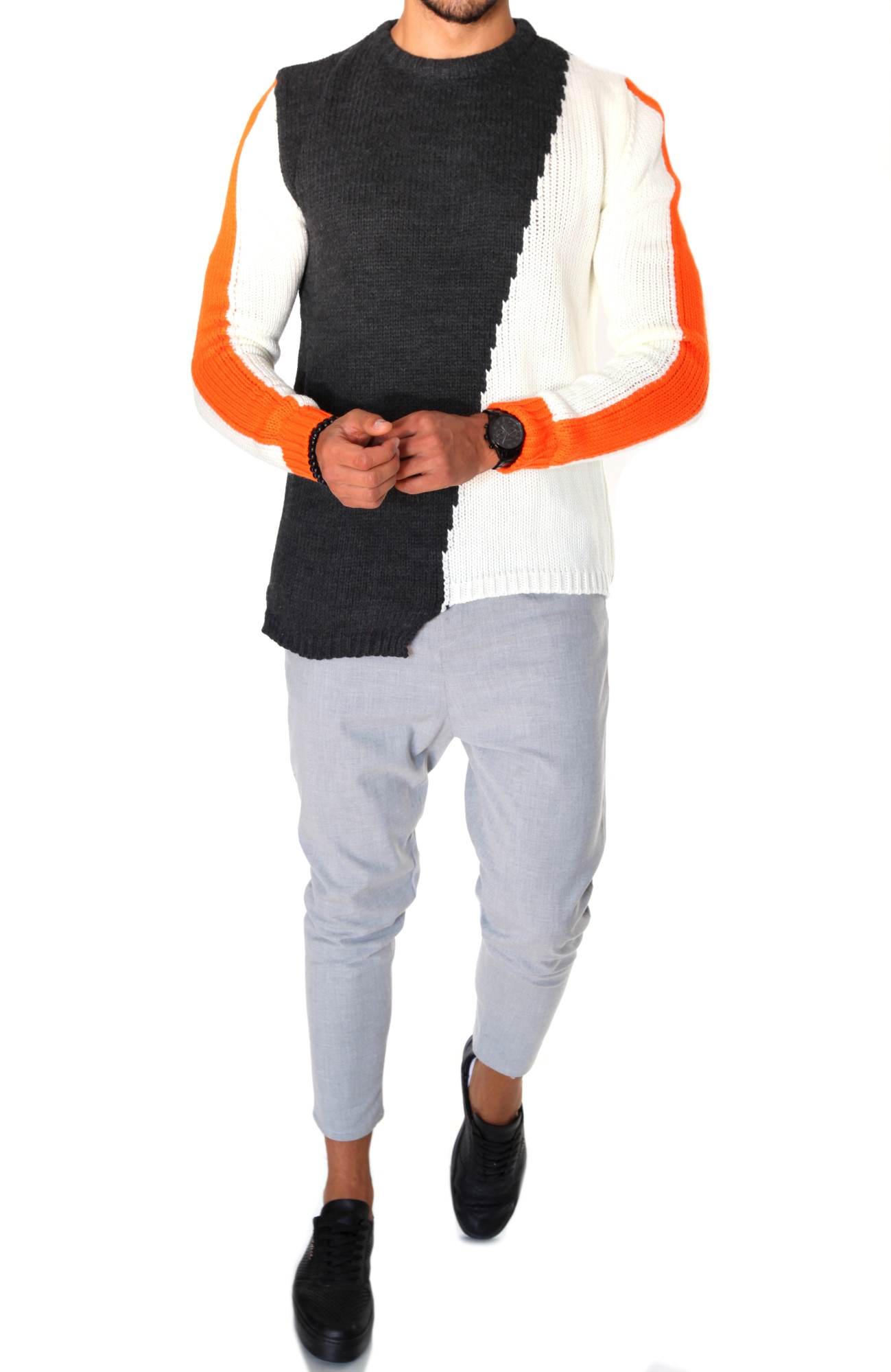 Pulover barbati, T3619, slim fit, gri, gros, fashion, Gri