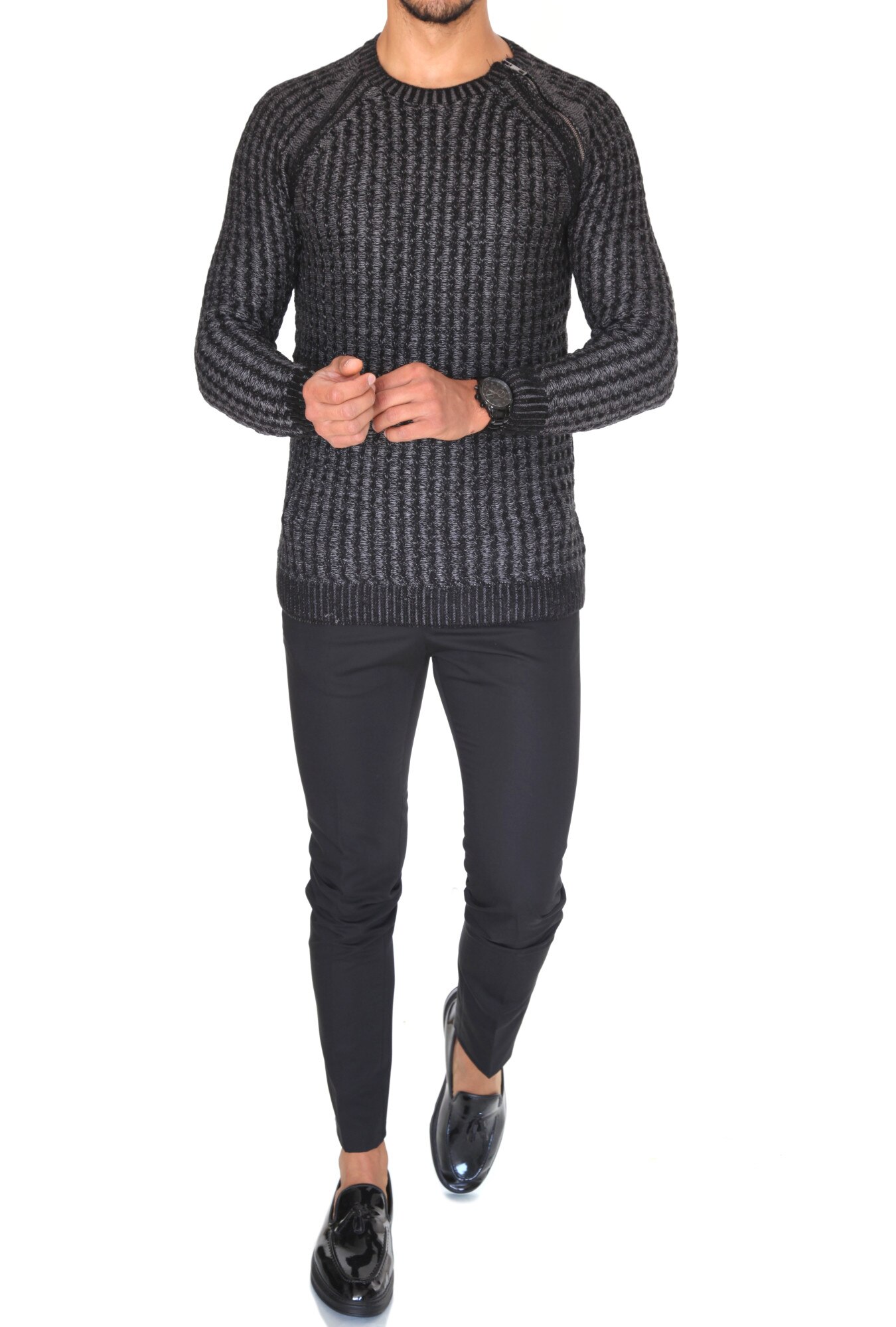 Pulover barbati, T3711, slim fit, negru, gros, fashion, Negru