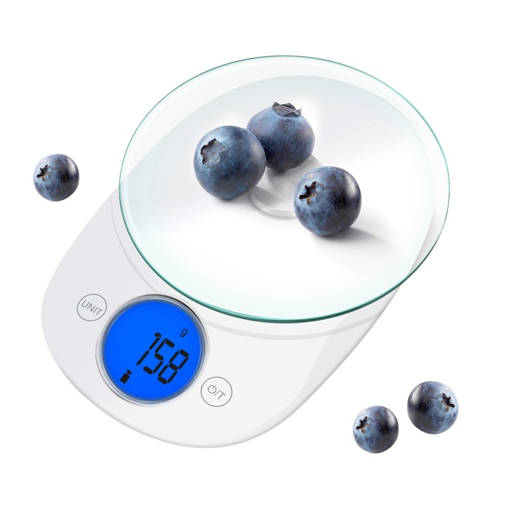 Cantar de bucatarie multifunctional, 5kg, Sticla securizata 4 mm, Functie tara, Functie cantarire lichide, Control touch cu display mare Lcd, gradare 1g, Alb