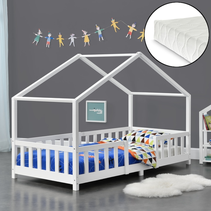 [en.casa]® Gyerekágy Treviolo matraccal kiesés elleni védelemmel ágyráccsal fenyőfa 200x90 cm fehér