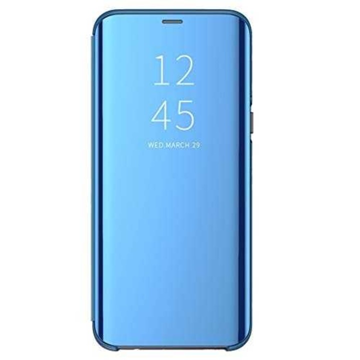 PlanetPhone Clear View Mirror Flip telefontok, kihajtható, Samsung Galaxy A52s telefonhoz, állvány funkció, kék