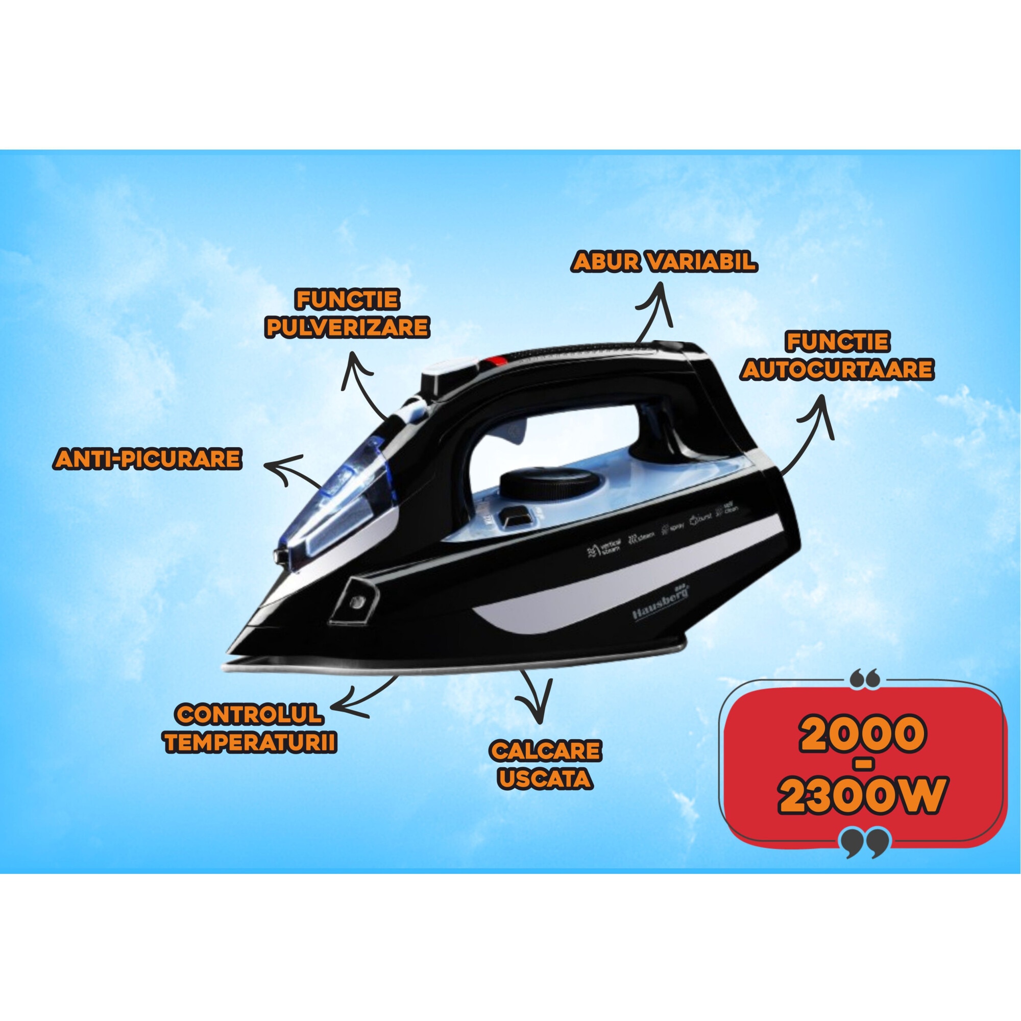Fier de Calcat 2300W, Ceramic, Autocuratare, Pulverizare, Antipicurare, 300ml, Negru/Albastru
