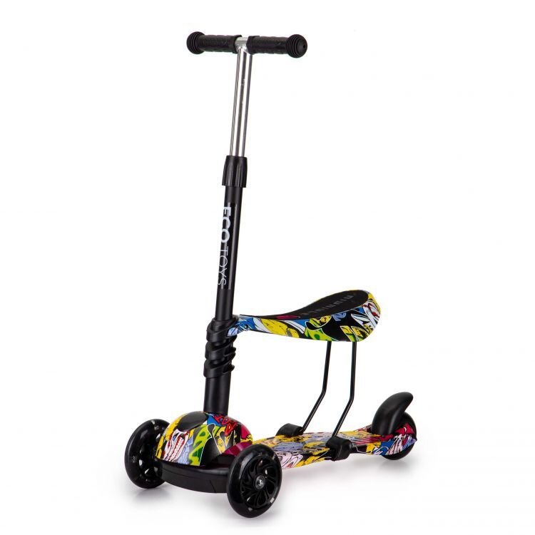 Scooter cu scaun iMK® cu 3 roti din poliuretan, rama usoara si rezistenta, ghidon reglabil 60-74 cm, platforma lata, rulmenti ABEC 7