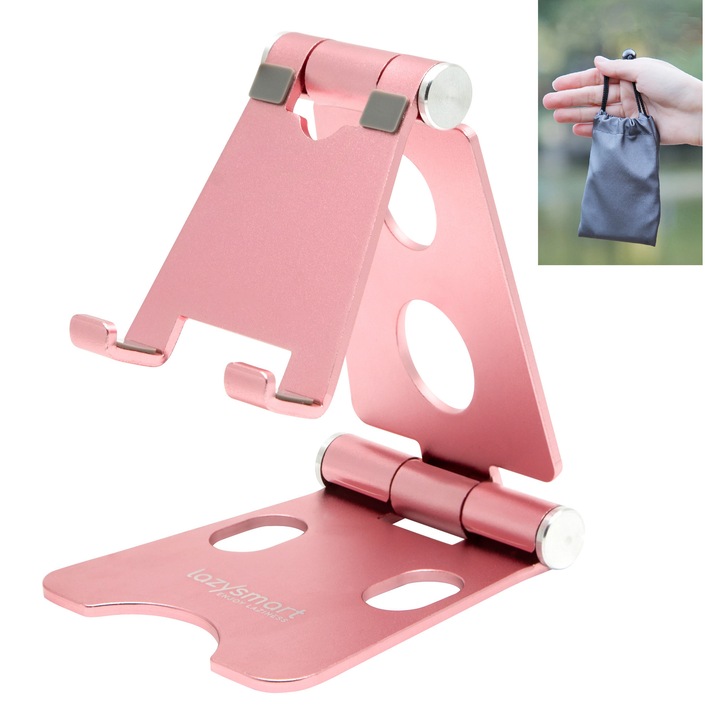 Suport universal pliabil de birou pentru telefon si tableta, Lazysmart, LazyONE, universal, aluminiu, Rose Gold