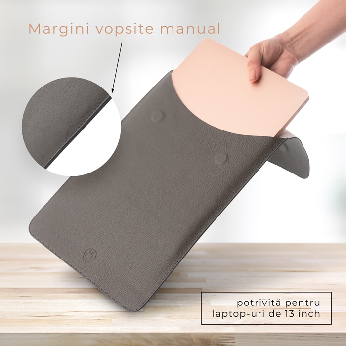 Husa laptop, MacBook PRO 15 inch, piele naturala cu mouse pad, inchidere magnetica, margini vopsite manual, e-store, gri