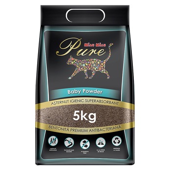 Nisip litiera pisici, Miau Miau, Pure, Baby Powder, Bentonita, Antibacterian, 5 kg Nisip litiera pisici, Miau Miau, Pure, Baby Powder, Bentonita, Antibacterian, 5 kg