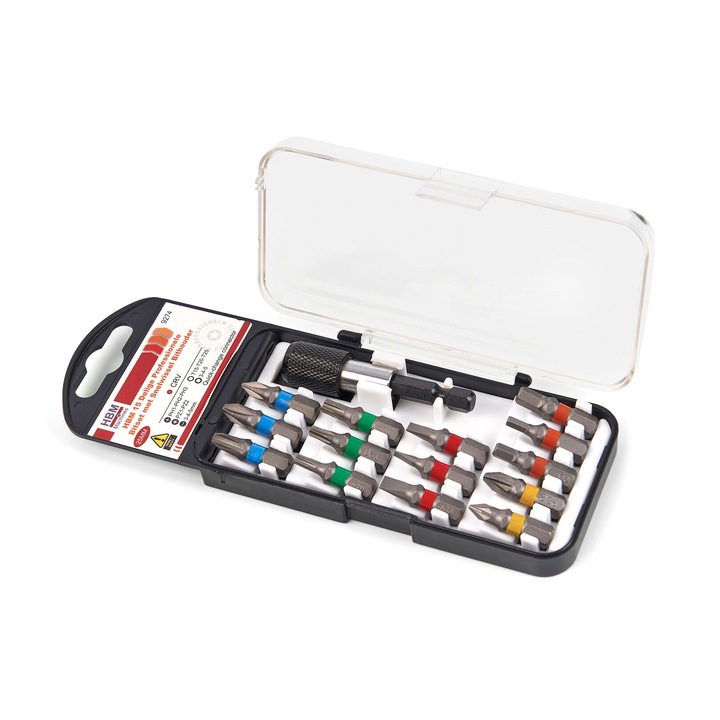 Set biti, HBM, 15 piese, otel crom-vanadiu, 25 mm
