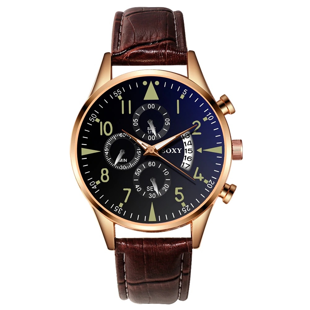 Ceas barbatesc Soxy, cu data, stil casual, afisaj fosforescent, auriu / maro