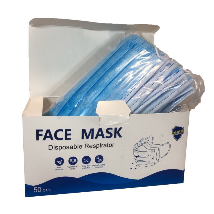 Cutie 50 masti de unica folosinta, 3 straturi, 3 pliuri, Albastru