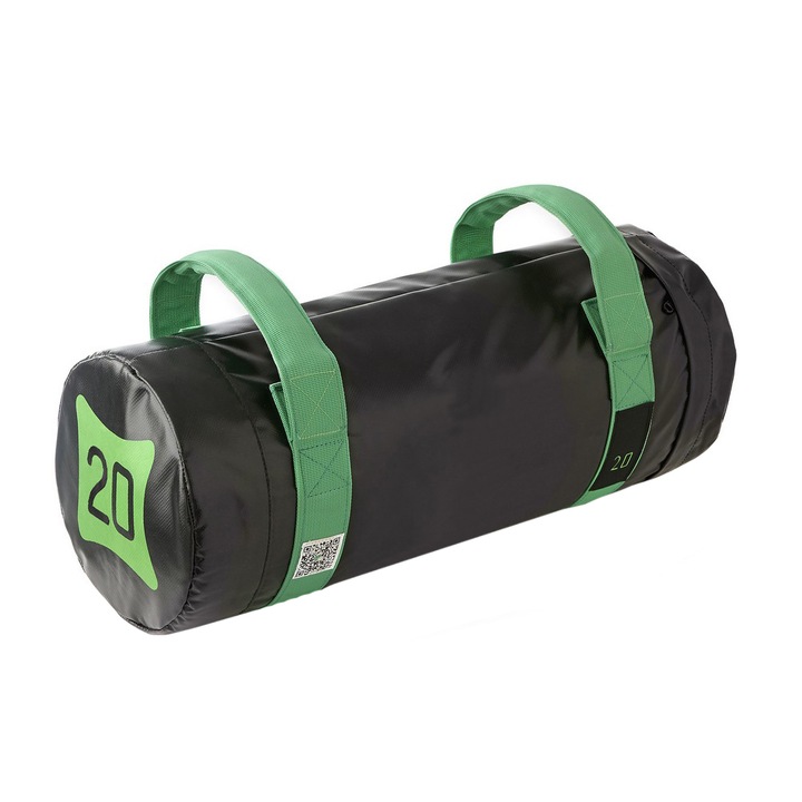 Sac fitness tip cilindru Power Bag, 20 kg, cu manere, umplut, Negru/Verde