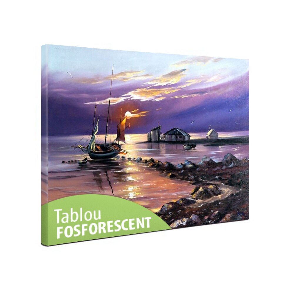 Tablou fosforescent Barca cu panze la malul apei, 52x90 cm